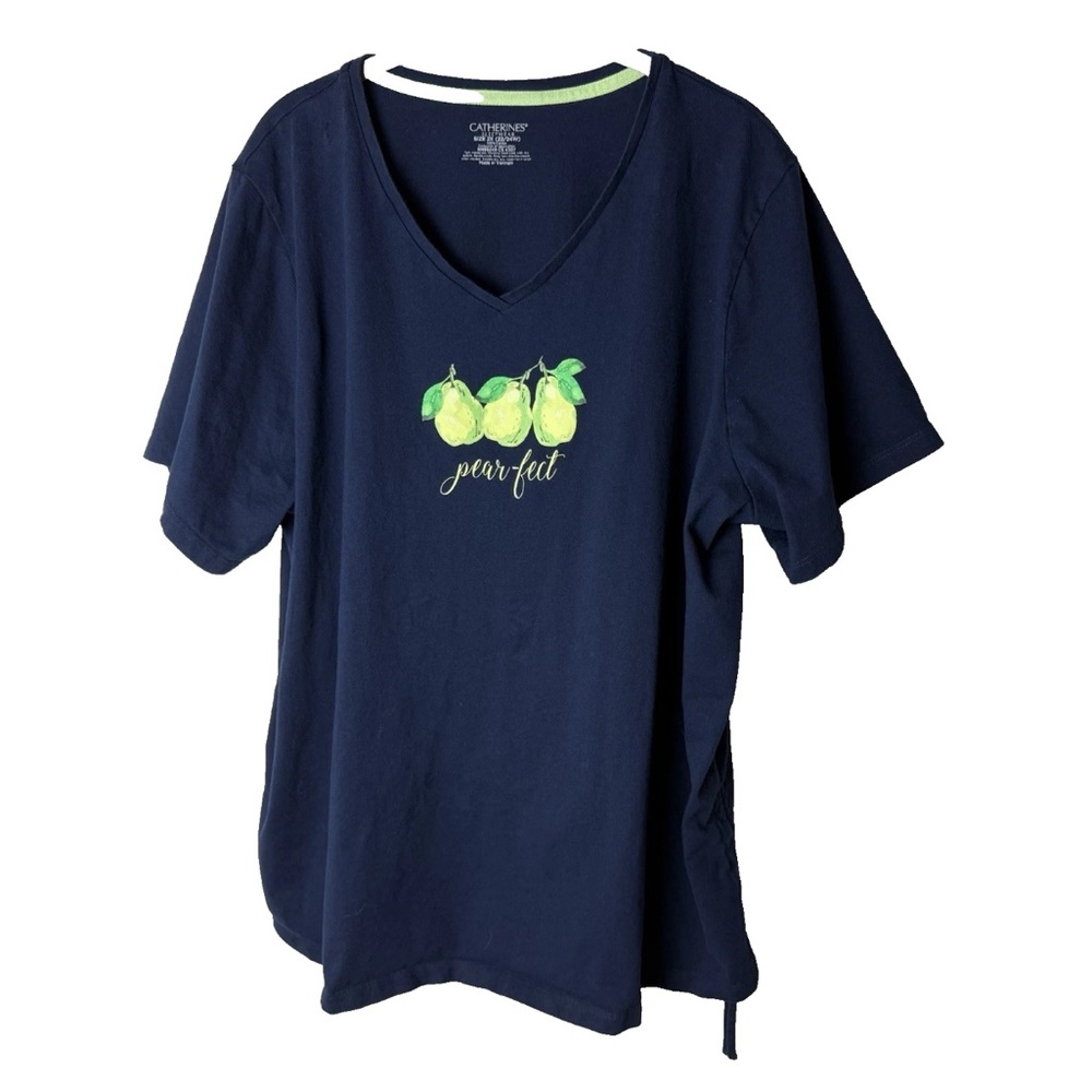 Catherines Top Plus Size 2X 22W 24W V-Neck Pears Navy Blue Yellow Green Cotton